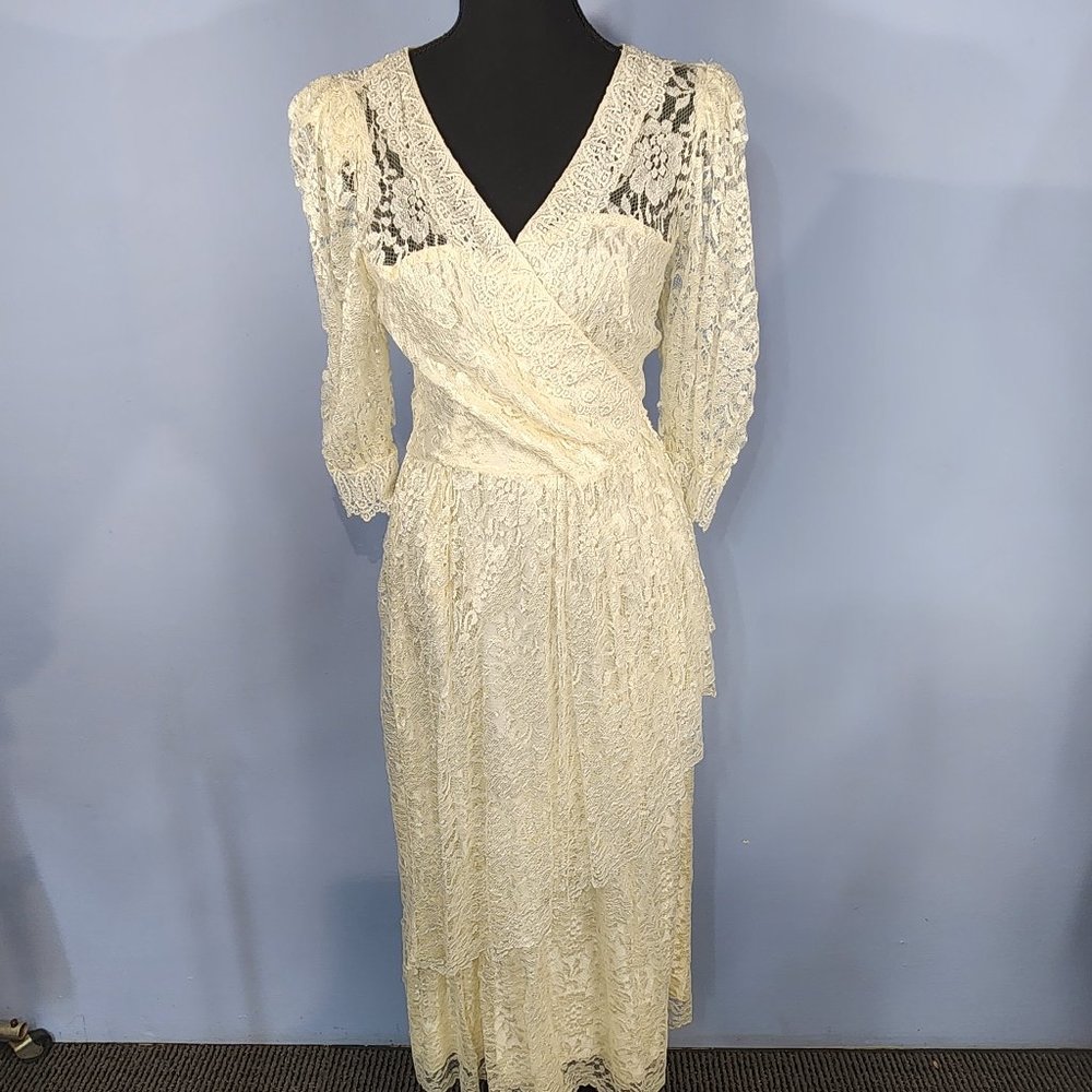 Vintage Ursula of Switzerland Dress Long Lace Trim Satin Lined Couture Wedding